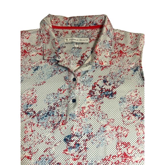 Pebble Beach Sleeveless Polo Shirt Dry Luxe Performance Red Blue Abstract Sz L - Picture 3 of 4